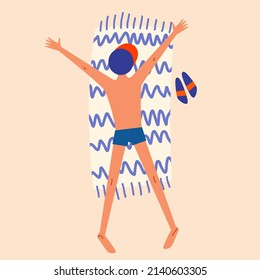 A man is lying on his stomach and sunbathing on the sand. Vector isolated illustration in a flat style