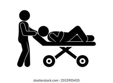 man lying on medical gurney, ambulance, stick figure man icon, stickman paramedic, patient transportation, isolated on transparent background