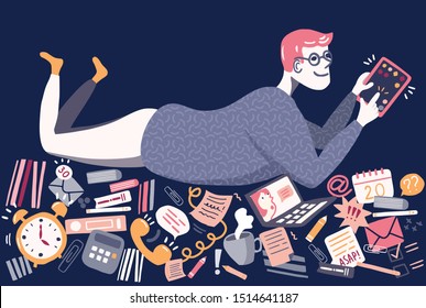 Man lying on a pile of task: emails, todo's, books, messages, playing games on tablet. Procrastinating man, procrastination of office worker. Vector illustration in flat cartoon style. 