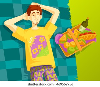 man lying on a plaid blanket. Nearby is a picnic basket
