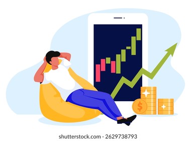Man lying on pouf near smartphone with growing financial stock market chart, gold coins and green arrow. Vector flat cartoon illustration. Wealthy, successful businessman, passive investment concept