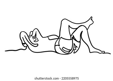 Man lying on sea beach. Single line illustration. Continuous line drawn by hand in outline style. Summer and people. Vector illustration. 