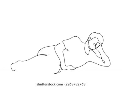 man lying on side head propped up - one line drawing vector. the concept of lying on the couch watching TV