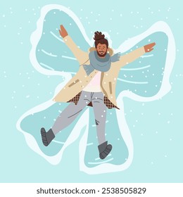 Man lying on a snow and doing angel print on a snow covered land. Aerial, top view. Winter activities. Hand drawn vector illustration.