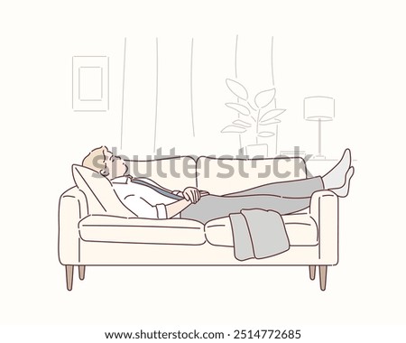 The man is lying on the sofa after coming home from work. Hand drawn style vector design illustrations.