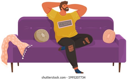 Man lying on sofa in apartment. Happy young guy relaxing, dreaming. Rest on couch and think about something. Home leisure. Male character lies on divan and smiles, enjoying time at home after work