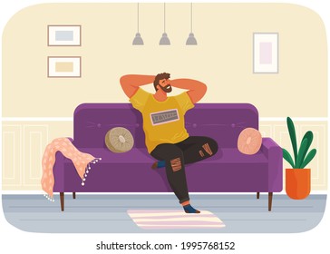 Man lying on sofa in apartment. Happy young guy relaxing, dreaming. Rest on couch and think about something. Home leisure. Male character lies on divan and smiles, enjoying time at home after work