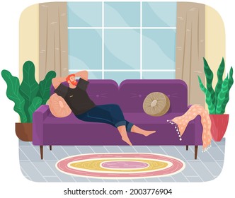 Man lying on sofa in apartment. Happy young guy relaxing, dreaming. Rest on couch and think about something. Home leisure. Male character lies on divan and smiles, enjoying time at home after work