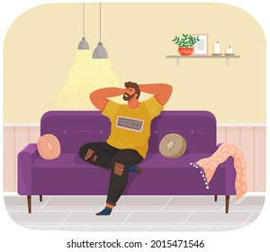 Man lying on sofa in apartment. Happy young guy relaxing, dreaming. Rest on couch and think about something. Home leisure. Male character lies on divan and smiles, enjoying time at home after work