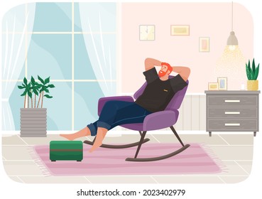 Man lying on sofa in apartment. Happy young guy relaxing, dreaming. Rest on couch and think about something. Home leisure. Male character lies on divan and smiles, enjoying time at home after work