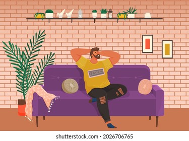 Man lying on sofa in apartment. Happy young guy relaxing, dreaming. Rest on couch and think about something. Home leisure. Male character lies on divan and smiles, enjoying time at home after work