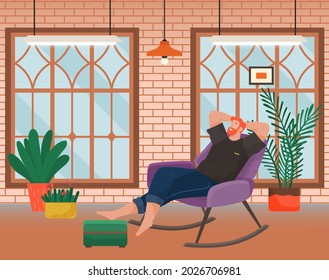 Man lying on sofa in apartment. Happy young guy relaxing, dreaming. Rest on couch and think about something. Home leisure. Male character lies on divan and smiles, enjoying time at home after work