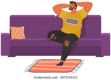 Man lying on sofa in apartment. Happy young guy relaxing, dreaming. Rest on couch and think about something. Home leisure. Male character lies on divan and smiles, enjoying time at home after work