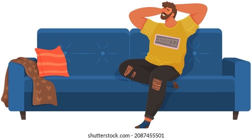 Man lying on sofa in apartment. Happy young guy relaxing, dreaming. Rest on couch and think about something. Home leisure. Male character lies on divan and smiles, enjoying time at home after work