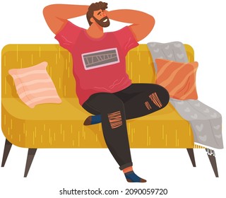 Man lying on sofa in apartment. Happy young guy relaxing, dreaming. Rest on couch and think about something. Home leisure. Male character lies on divan and smiles, enjoying time at home after work