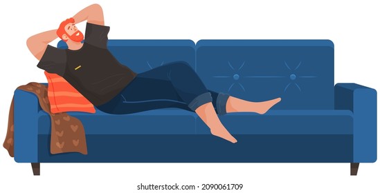 Man lying on sofa in apartment. Happy young guy relaxing, dreaming. Rest on couch and think about something. Home leisure. Male character lies on divan and smiles, enjoying time at home after work
