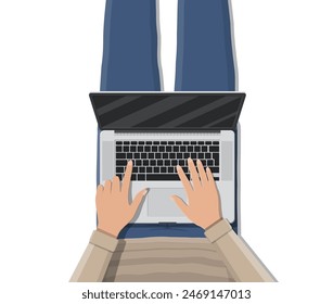 Man lying on sofa couch and using laptop. Relaxation, leisure, rest, relax. Freelancer works with laptop, top view. Vector illustration in flat style