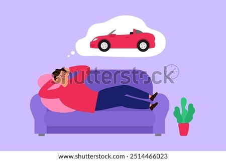 man lying on the sofa and dreaming thinking about sport car cabriolet vector illustration
