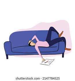 Man lying on the sofa with headache. Vector illustration eps 10 on white background