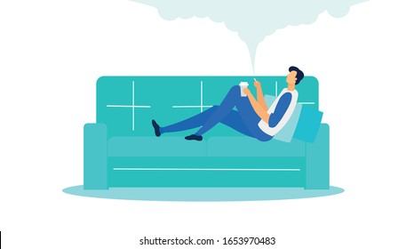 Man Lying on Sofa Holding Cup with Tea or Coffe and Smoking Flat Cartoon Vector Illustration. Character Having Rest on Couch with Drink and Cigarette. Fume under Ceiling. Male Person Relaxing.