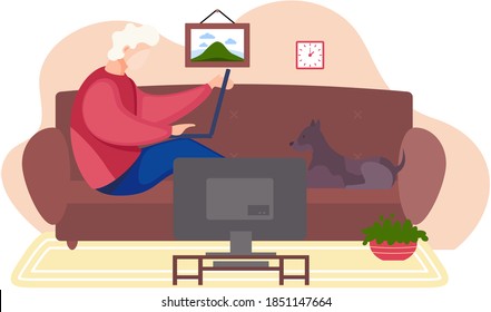 Man lying on the sofa, holding a laptop and correspondence surfing the Internet. Male character communicating through network on the computer. Social media net communication digital gadget addiction