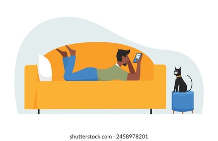 Man lying on sofa at home, person using mobile messenger app to text friends vector illustration