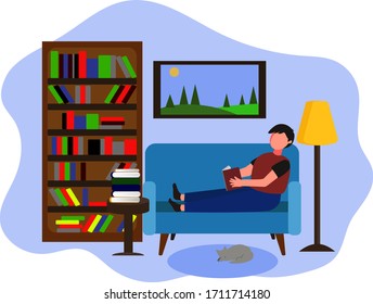 A man is lying on the sofa in the living room and reading a book. The concept of home stay
