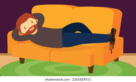 Hombre tendido en un sofá en la sala de estar. Ilustración vectorial.