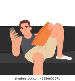 man lying on sofa in living room with mobile phone chilling cosy home. Flat vector illustration isolated on white background