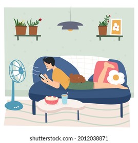 A man is lying on the sofa and looking at his smartphone while blowing in the wind. Hand drawing style vector illustration.