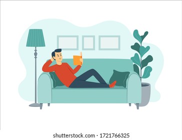 Man lying on a sofa and reading a book. Flat design illustration of a living room, with a plant, some pictures and a lamp. Drawing isolated on white background.