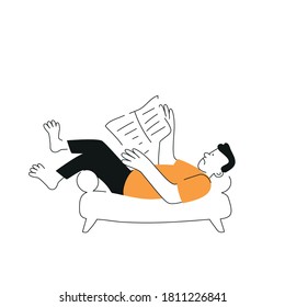 A man is lying on the sofa and reading a newspaper. Sedentary lifestyle, press news, leisure activities. A person's lifestyle. Simple vector drawing