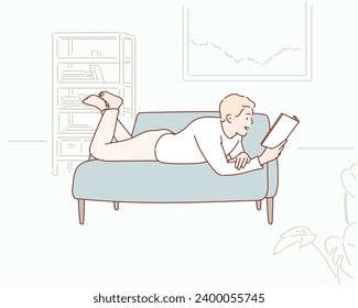 Man Lying On Sofa Reading Book At Home. Hand drawn style vector design illustrations.