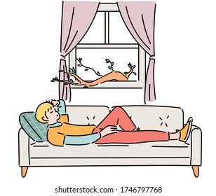 A man is lying on the sofa and resting. Tree branches came into the house from outside the window. hand drawn style vector design illustrations. 