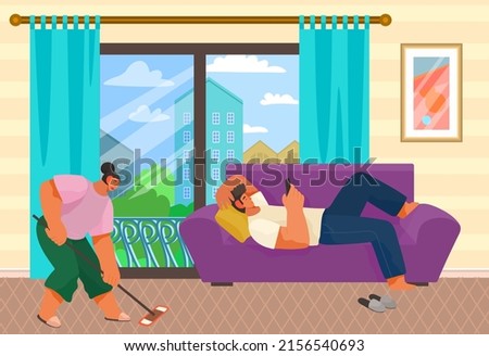 Man lying on sofa with smartphone. Young woman with mop cleaning floor in living room. Apartment cleaning, household chores, daily routine concept. Lady mopping at home. Family spends time at weekend