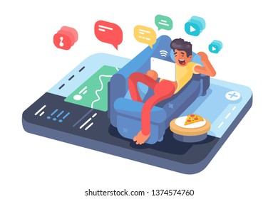 Man lying on sofa with tablet vector illustration. Boy holding comfort gadget with social network sites flat style concept. Male surfing internet, listening music and watching video