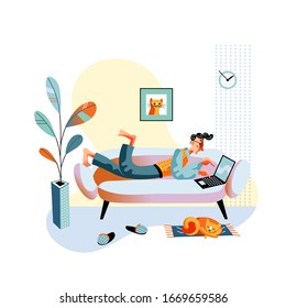 Man lying on sofa and typing on laptop keyboard. Cat sleeping on mat near couch. Freelance, remote work. Evening rest and networking. Cozy home atmosphere. Gadget addiction. Vector illustration