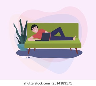 Man lying on sofa and using gadget at home. Laptop users enjoying leisure flat vector illustration. Wireless technology, internet concept for banner or web design