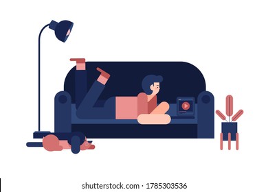 Man lying on a sofa watching movie on a computer with dog. Illustration about The new normal of activity cinema at home.