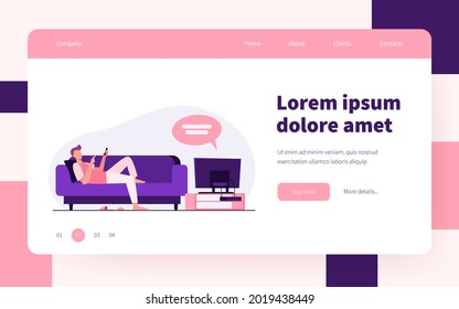 Man lying on sofa and watching TV. Channel, information, rest flat vector illustration. Leisure and entertainment concept for banner, website design or landing web page