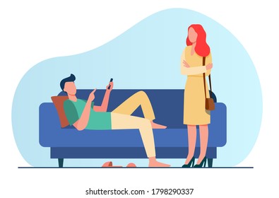 Man lying on sofa when woman standing and looking at him. Couch, laziness, wife flat vector illustration. Family and relationship concept for banner, website design or landing web page