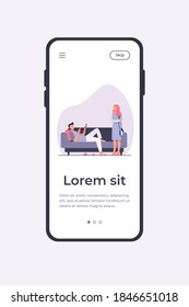 Man lying on sofa when woman standing and looking at him. Couch, laziness, wife flat vector illustration. Family and relationship concept for banner, website design or landing web page