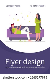 Man lying on sofa when woman standing and looking at him. Couch, laziness, wife flat vector illustration. Family and relationship concept for banner, website design or landing web page