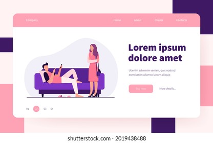 Man lying on sofa when woman standing and looking at him. Couch, laziness, wife flat vector illustration. Family and relationship concept for banner, website design or landing web page