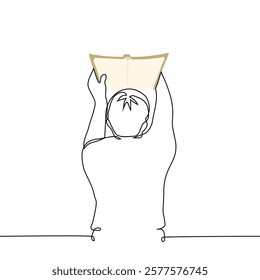 man lying on stomach reading book, top view - one line art vector. Handmade vector not Ai
