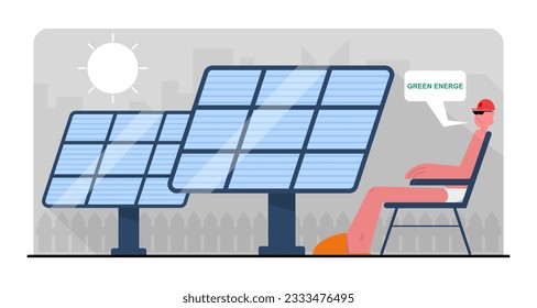 Mann, der auf einem Sonnenbett in der Nähe von Sonnenkollektoren liegt. Verbrauch von Solarpaneelen zu Hause. Energieverbrauch im Haushalt. Energiesparkonzept Erneuerbare Energien und Ökostrom. Flache Vektorgrafik