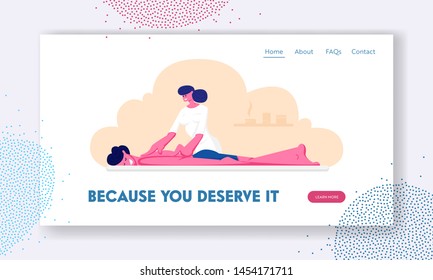 Man Lying on Table Receiving Relaxation Back Massage in Spa Center. Patient Get Body Care and Treatment in Salon by Therapist. Website Landing Page, Web Page. Cartoon Flat Vector Illustration, Banner