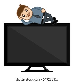 Man Lying on TV Screen - Leisure Concept - Business Cartoons