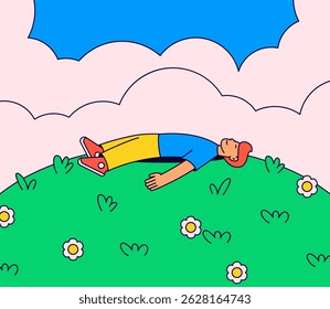 Man lying peacefully on a grassy hill surrounded by flowers and clouds cartoon hand drawn illustration vector for rest, mindfulness, and outdoor relaxation background design poster