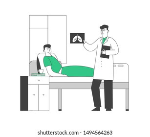 Man Lying in Pulmonology Department Chamber in Hospital. Doctor Stand near Patient Bed during Appointment Watching on X-rays Image of Lungs. Health Care Cartoon Flat Vector Illustration Line Art Style
